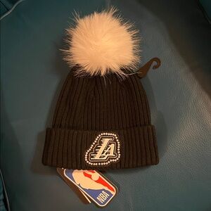 NBA Women's Black Beanie with White Pom Pom